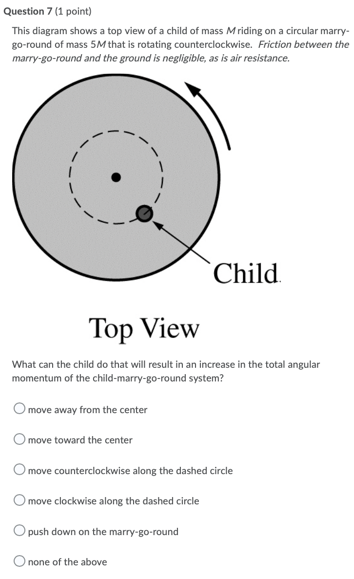 Question 7 1 Point This Diagram Shows A Top View Of A Child Of Mass M Riding On A Circular Marry Go Round Of Mass 5m 1