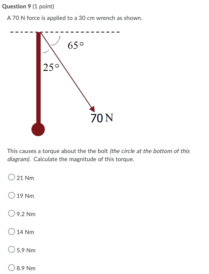 Question 9 1 Point A 70 N Force Is Applied To A 30 Cm Wrench As Shown 650 250 70n This Causes A Torque About The The 1