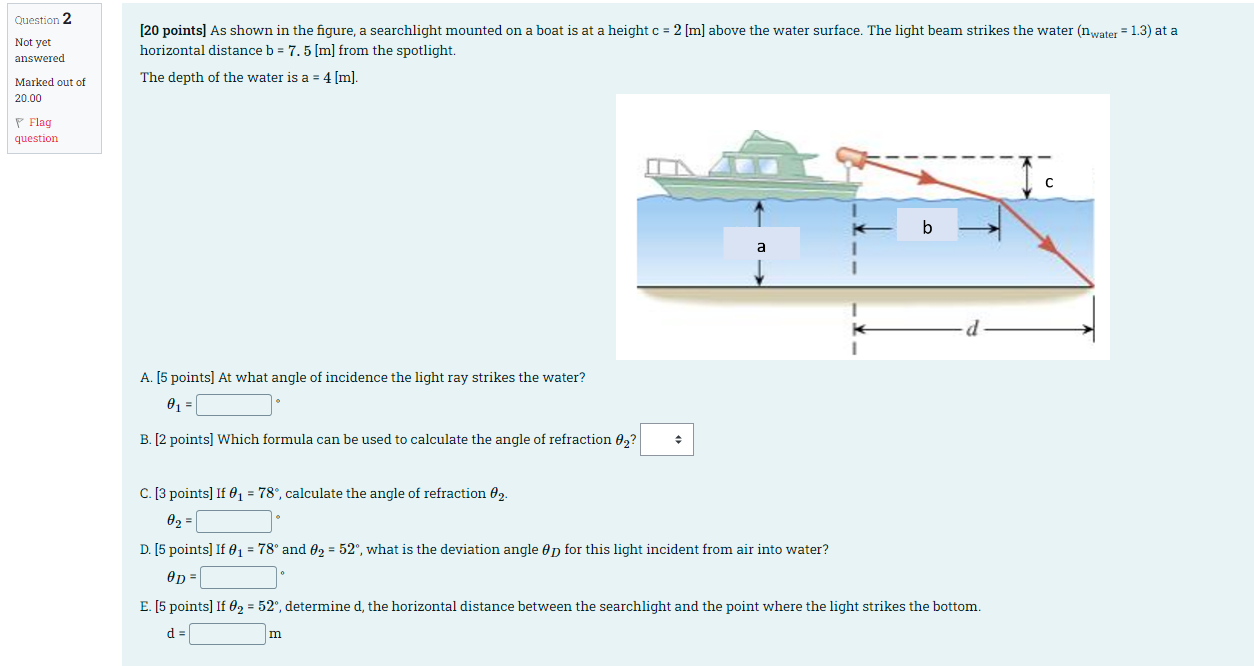 Question 2 Not Yet Answered 20 Points As Shown In The Figure A Searchlight Mounted On A Boat Is At A Height C 2 M 1