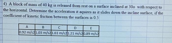 4 A Block Of Mass Of 40 Kg Is Released From Rest On A Surface Inclined At 300 With Respect To The Horizontal Determine 1