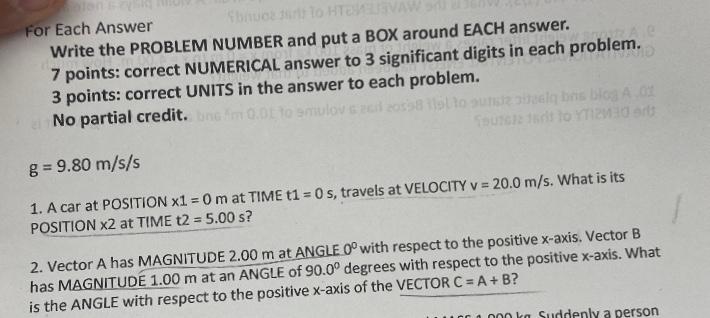 For Each Answer Son To Hteva Write The Problem Number And Put A Box Around Each Answer 7 Points Correct Numerical Answ 1
