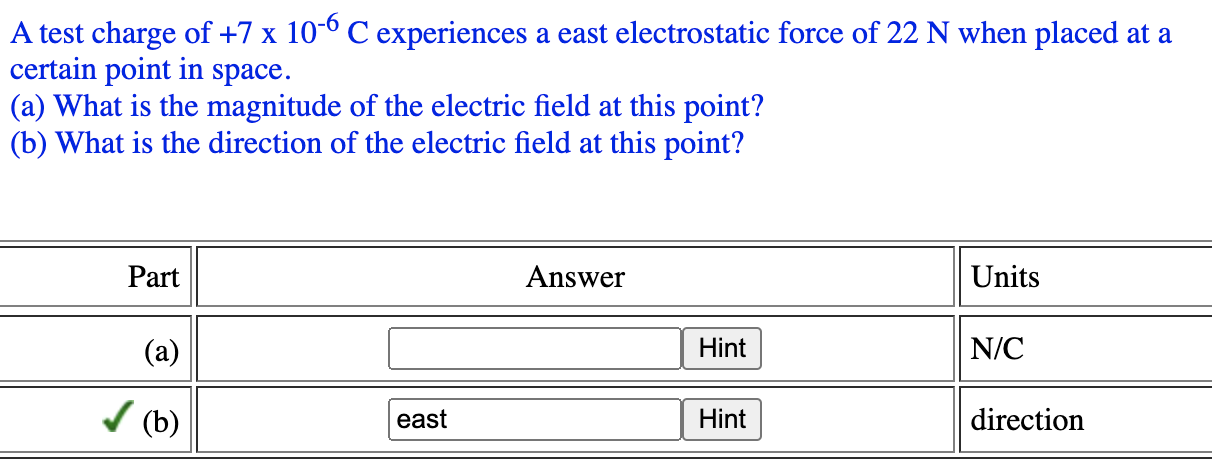 A Test Charge Of 7 X 10 6 C Experiences A East Electrostatic Force Of 22 N When Placed At A Certain Point In Space A 1