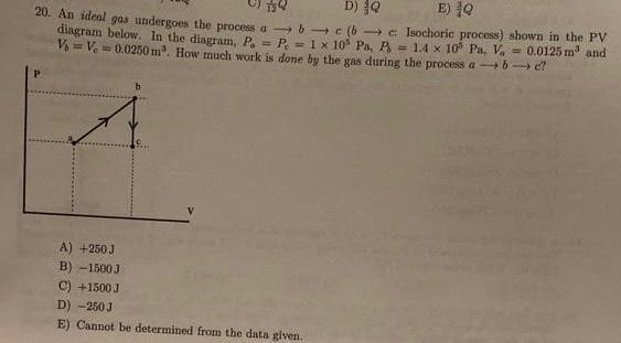 D E 20 An Ideal Gas Undergoes The Process A Isochoric Process Shown In The Pv Diagram Below In The Diagram P 1