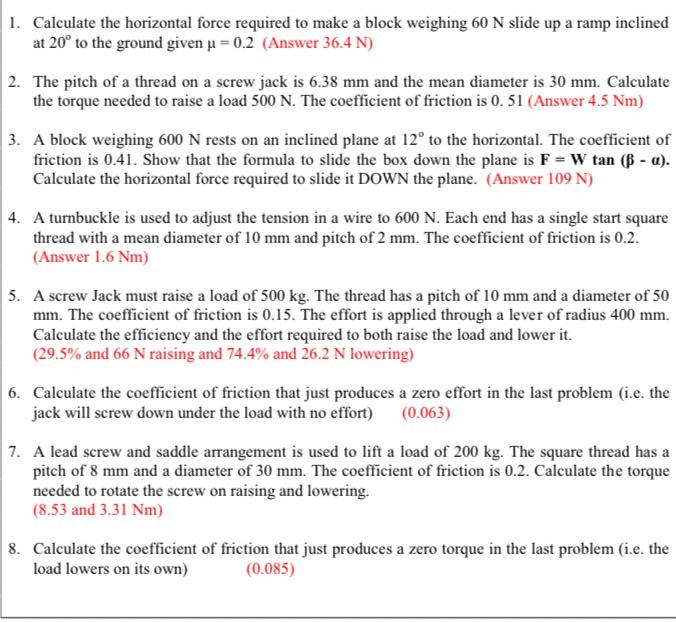 6 Calculate The Coefficient Of Friction That Just Produces A Zero Effort In The Last Problem I E The Jack Will Screw 2