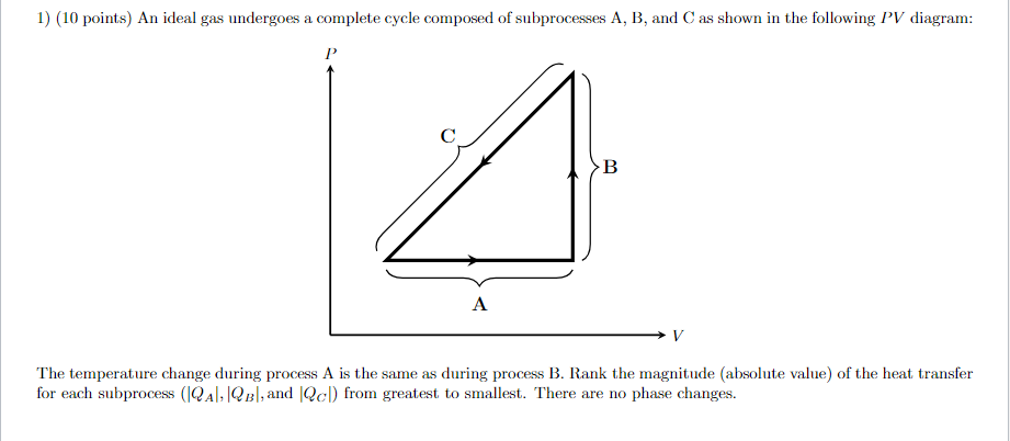 1 10 Points An Ideal Gas Undergoes A Complete Cycle Composed Of Subprocesses A B And C As Shown In The Following Pv 1