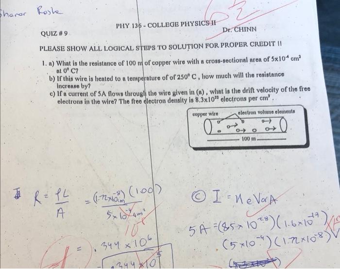 Shanor Roshe Phy 136 College Physics H Dr Chinn Quiz 9 Please Show All Logical Steps To Solution For Proper Credit 1