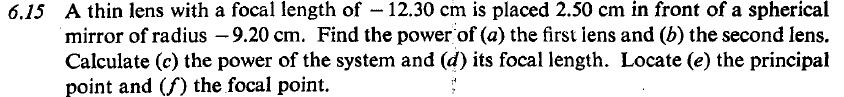6 15 A Thin Lens With A Focal Length Of 12 30 Cm Is Placed 2 50 Cm In Front Of A Spherical Mirror Of Radius 9 20 Cm 1