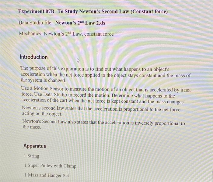 Experiment 07b To Study Newton S Second Law Constant Force Data Studio File Newton S 2nd Law 2 Ds Mechanics Newton S 1