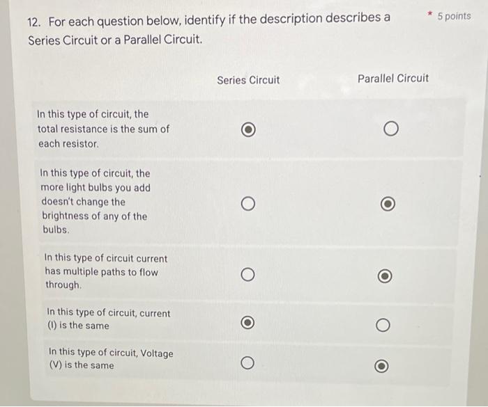 5 Points 12 For Each Question Below Identify If The Description Describes A Series Circuit Or A Parallel Circuit Seri 1