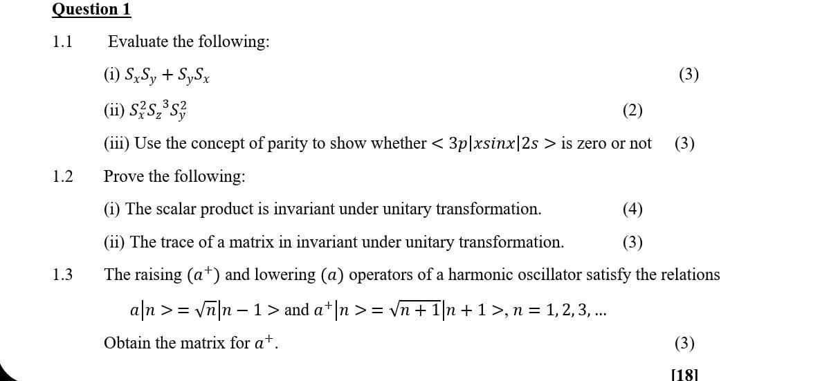 Question 1 1 1 Evaluate The Following 1 Sxsy Sysx Ii Ss S Iii Use The Concept Of Parity To Show Whether 3p 1