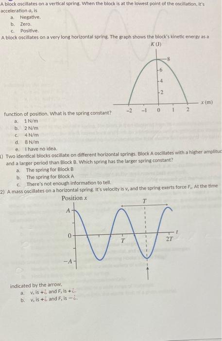 A Block Oscillates On A Vertical Spring When The Block Is At The Lowest Point Of The Oscillation It S Acceleration A 1