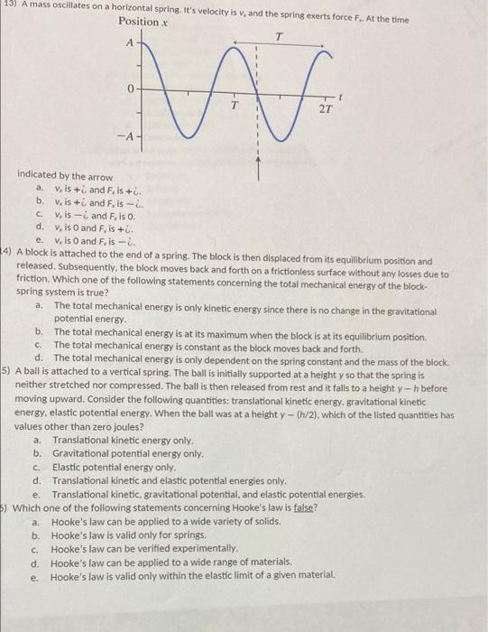 13 A Mass Oscillates On A Horizontal Spring It S Velocity Is V And The Spring Exerts Force F At The Time Position X 1