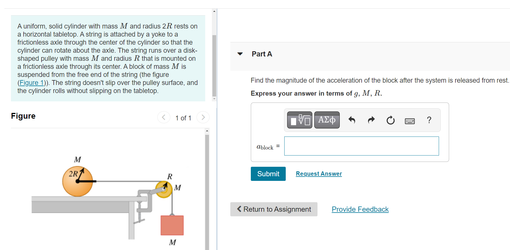 Part A A Uniform Solid Cylinder With Mass M And Radius 2r Rests On A Horizontal Tabletop A String Is Attached By A Yok 1