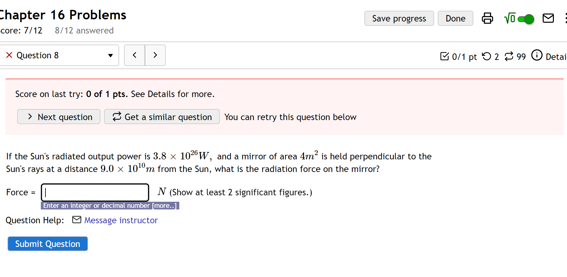 Chapter 16 Problems Core 7 12 8 12 Answered X Question 8 Score On Last Try 0 Of 1 Pts See Details For More Next 1