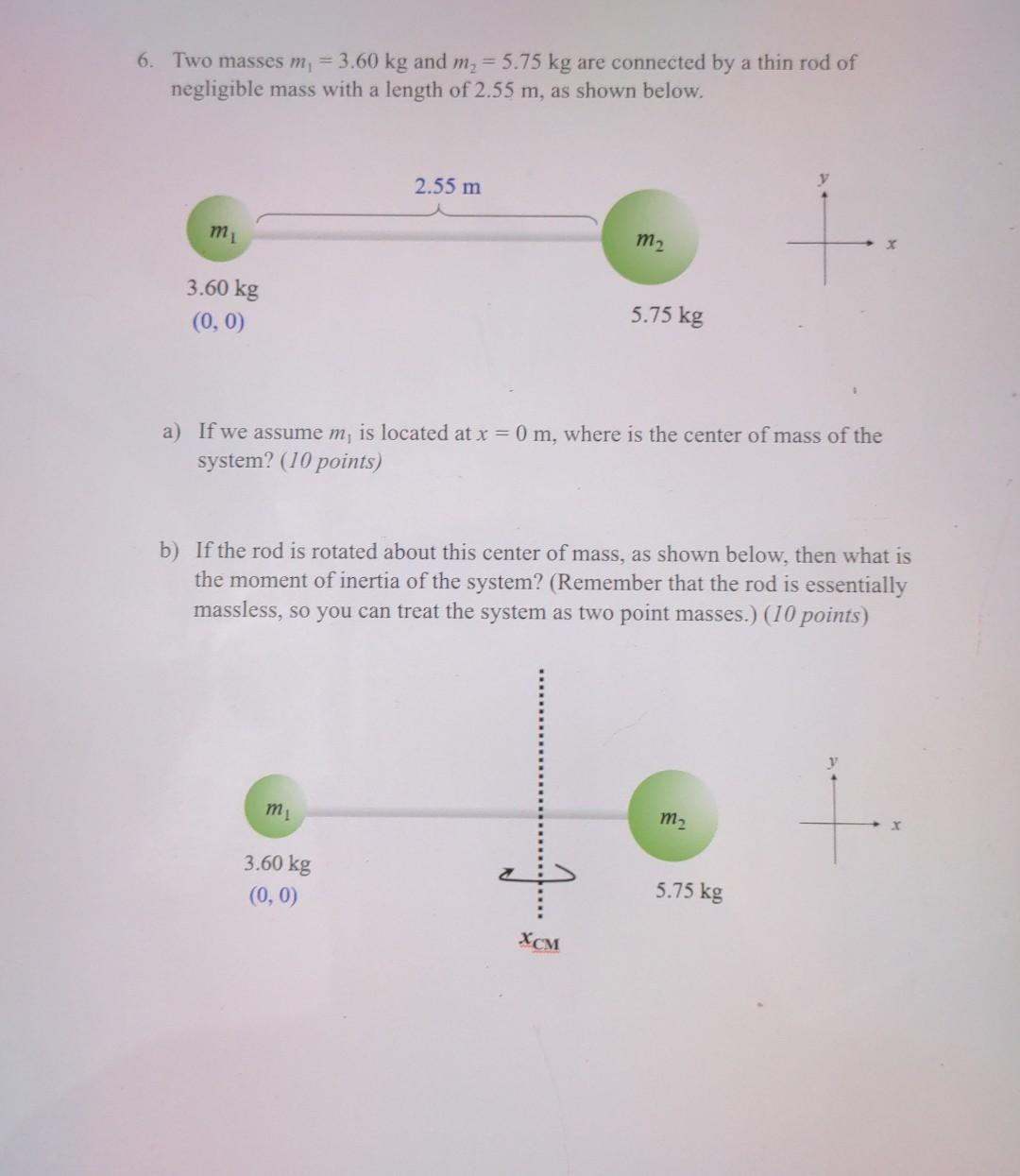 6 Two Masses M 3 60 Kg And M2 5 75 Kg Are Connected By A Thin Rod Of Negligible Mass With A Length Of 2 55 M As S 1
