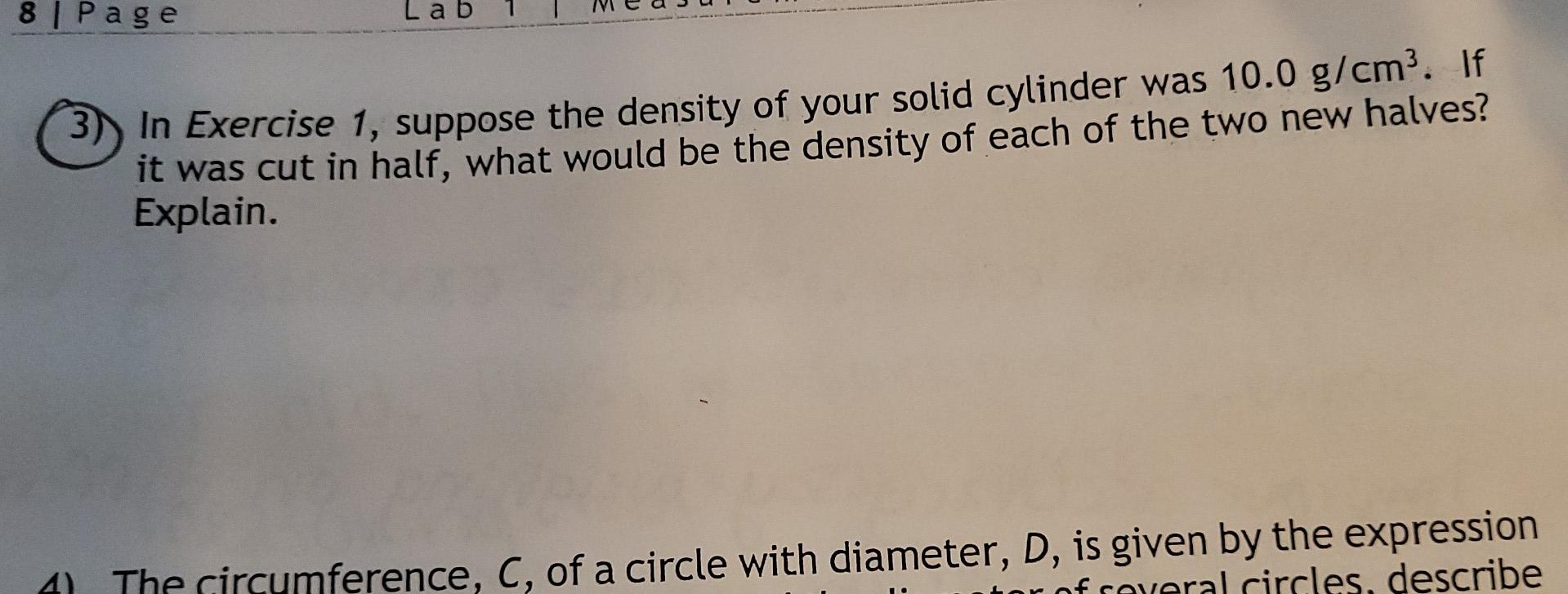 8 Page Lab In Exercise 1 Suppose The Density Of Your Solid Cylinder Was 10 0 G Cm If It Was Cut In Half What Would B 1