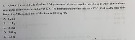 1 A Block Of Ice At 3 0 C Is Added To A 0 5 Kg Aluminum Calorimeter Cup That Holds 1 2 Kg Of Water The Aluminum Calor 1