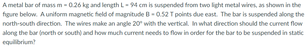 A Metal Bar Of Mass M 0 26 Kg And Length L 94 Cm Is Suspended From Two Light Metal Wires As Shown In The Figure Bel 1