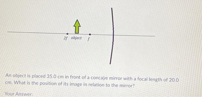 2f Object F An Object Is Placed 35 0 Cm In Front Of A Concave Mirror With A Focal Length Of 20 0 Cm What Is The Positio 1