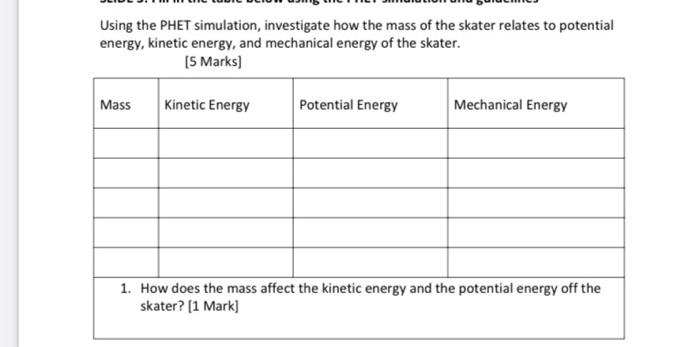 Using The Phet Simulation Investigate How The Mass Of The Skater Relates To Potential Energy Kinetic Energy And Mecha 1