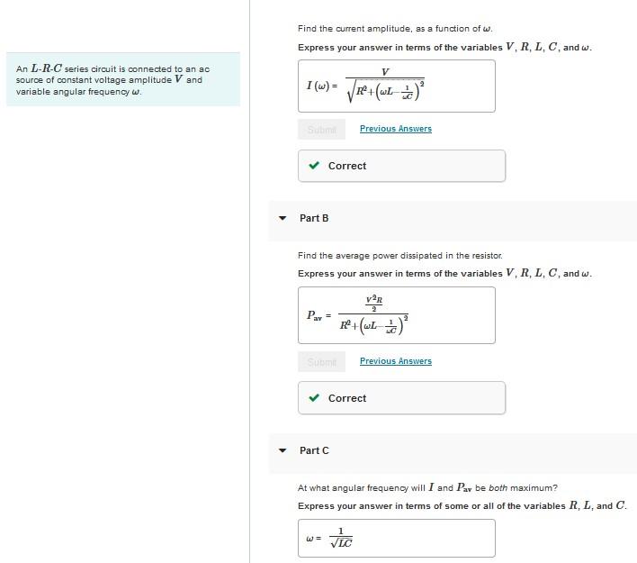 Find The Current Amplitude As A Function Of W Express Your Answer In Terms Of The Variables V R L C And W V An L 1