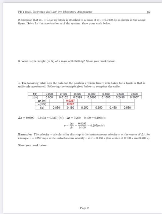 Phy1053l Newton S 2nd Law Pre Laboratory Assignment Phy1053l Pre Laboratory Assignment Lab Newton S 2nd Law Instructio 2