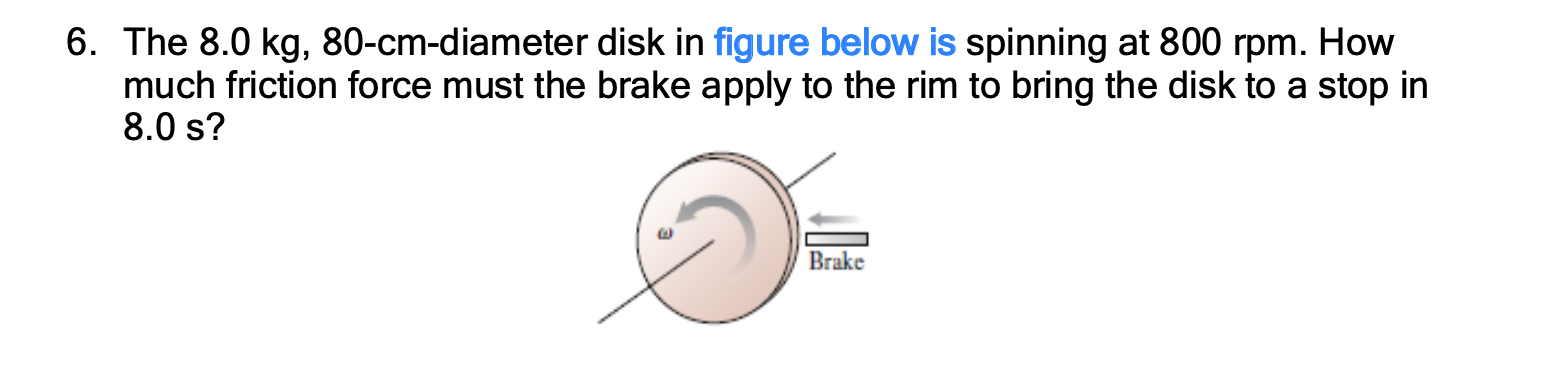 6 The 8 0 Kg 80 Cm Diameter Disk In Figure Below Is Spinning At 800 Rpm How Much Friction Force Must The Brake Apply 1