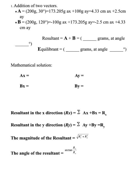 1 Addition Of Two Vectors A 200g 30 173 205g Ax 100g Ay 4 33 Cm Ax 2 5cm Ay B 200g 120 100g Ax 173 205g 1