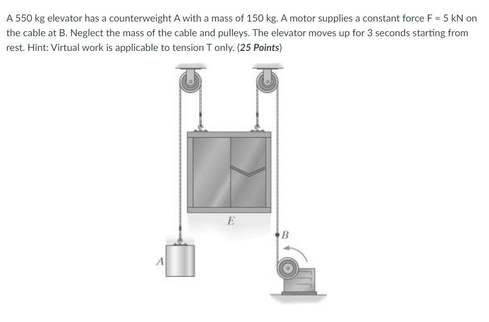 A 550 Kg Elevator Has A Counterweight A With A Mass Of 150 Kg A Motor Supplies A Constant Force F 5 Kn On The Cable A 1