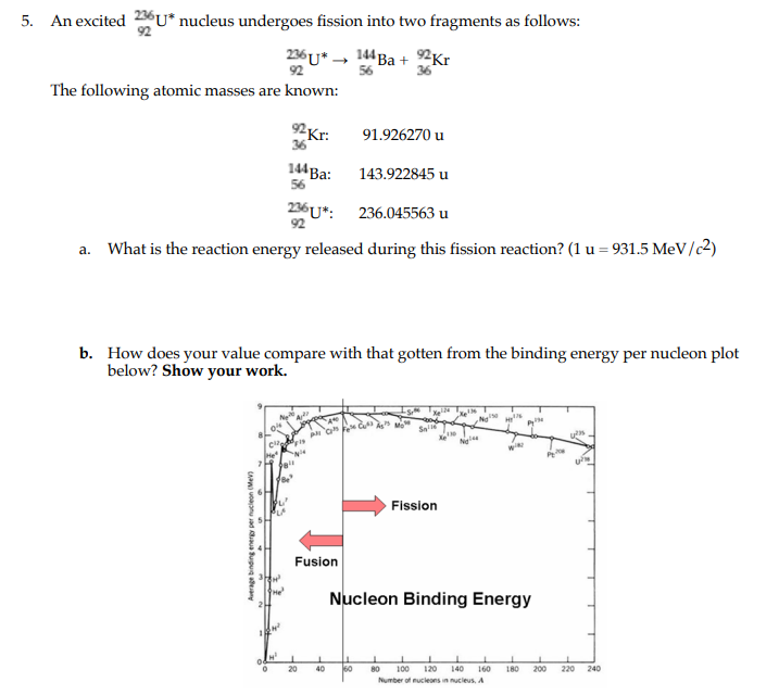 5 An Excited 22 U Nucleus Undergoes Fission Into Two Fragments As Follows 92 2361 6u 144 Ba Kr 92 The Following 1