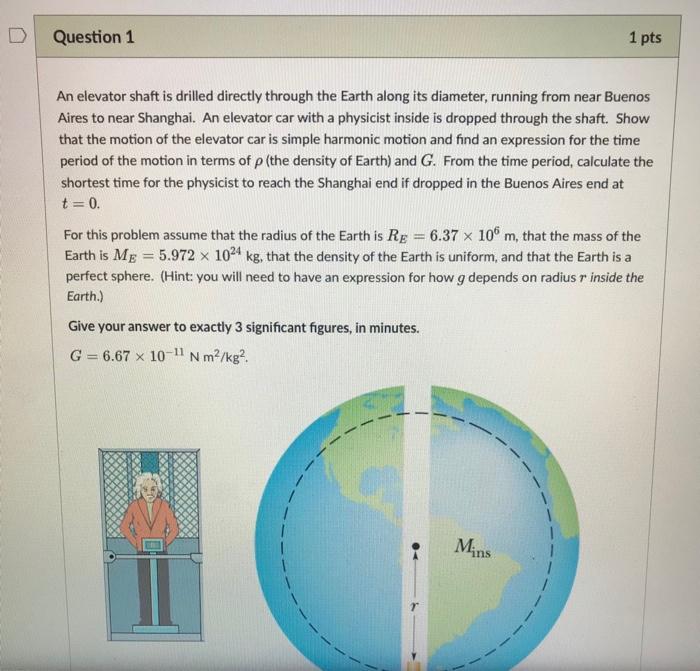 Question 1 1 Pts An Elevator Shaft Is Drilled Directly Through The Earth Along Its Diameter Running From Near Buenos Ai 1