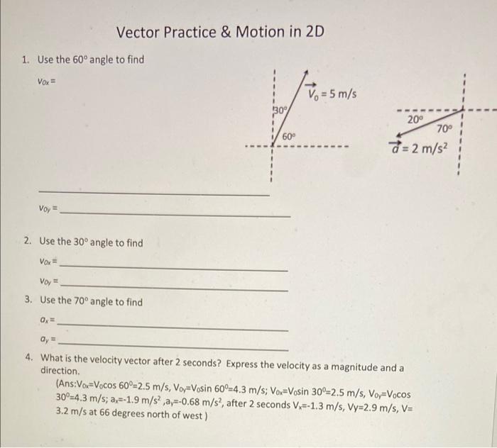 Vector Practice Motion In 2d 30 1 Use The 60 Angle To Find Vox 20 70 60 A 2 M S Voy 2 Use The 30 Angle To 1