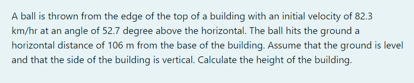 A Ball Is Thrown From The Edge Of The Top Of A Building With An Initial Velocity Of 82 3 Km Hr At An Angle Of 52 7 Degre 1