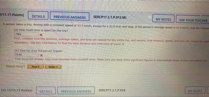 D 11 11 Points Details Previous Answers Sercp11 2 1 P 013 Mi My Notes Ask Your Teacher A Person Takes A Trip Driving 1