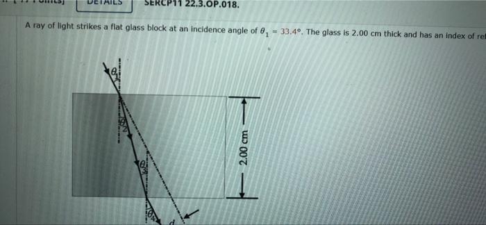 11 22 3 Op 018 A Ray Of Light Strikes A Flat Glass Block At An Incidence Angle Of 0 33 4 The Glass Is 2 00 Cm Thick 1