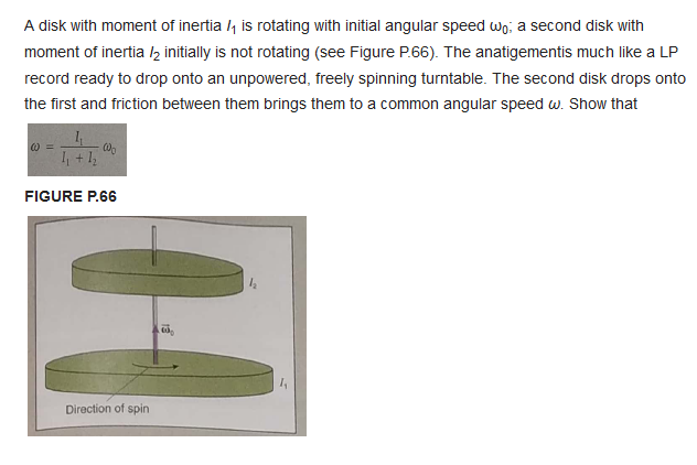 A Disk With Moment Of Inertia Is Rotating With Initial Angular Speed Wo A Second Disk With Moment Of Inertia 2 Init 1