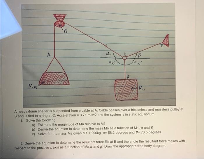 A Power B D 90 B 90 D Ma A Heavy Dome Shelter Is Suspended From A Cable At A Cable Passes Over A Frictionless And Mas 1