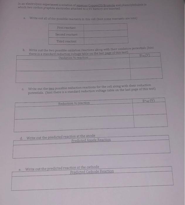 In An Electrolysis Experiment A Solution Of Aqueous Coppar Bromide And Phenolphthalein In Which Two Carbon Graphite Elec 1