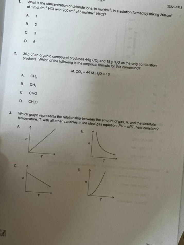 1 What Is The Concentration Of Chloride Ions In Moldmin A Solution Formed By Mixing 200 Cm Of 1 Moldm Hcl With 200 Cm 1