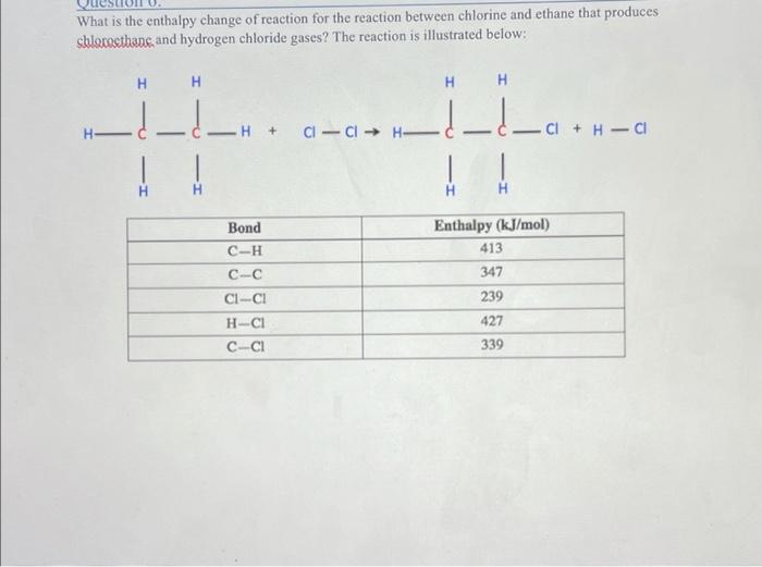What Is The Enthalpy Change Of Reaction For The Reaction Between Chlorine And Ethane That Produces Shlococthang And Hyd 1
