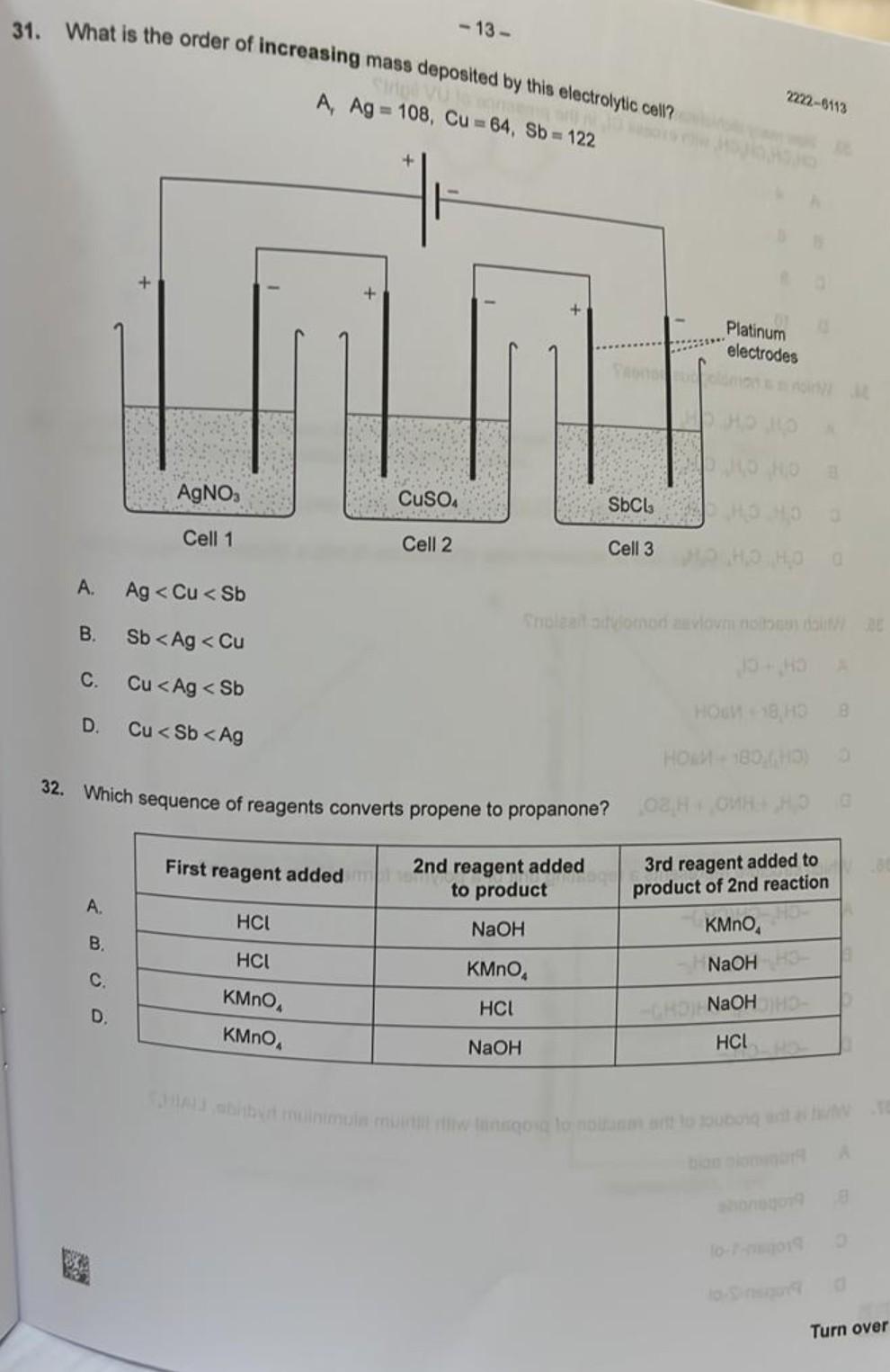 13 31 What Is The Order Of Increasing Mass Deposited By This Electrolytic Cell Hv A Ag 108 Cu 64 Sb 122 22 1