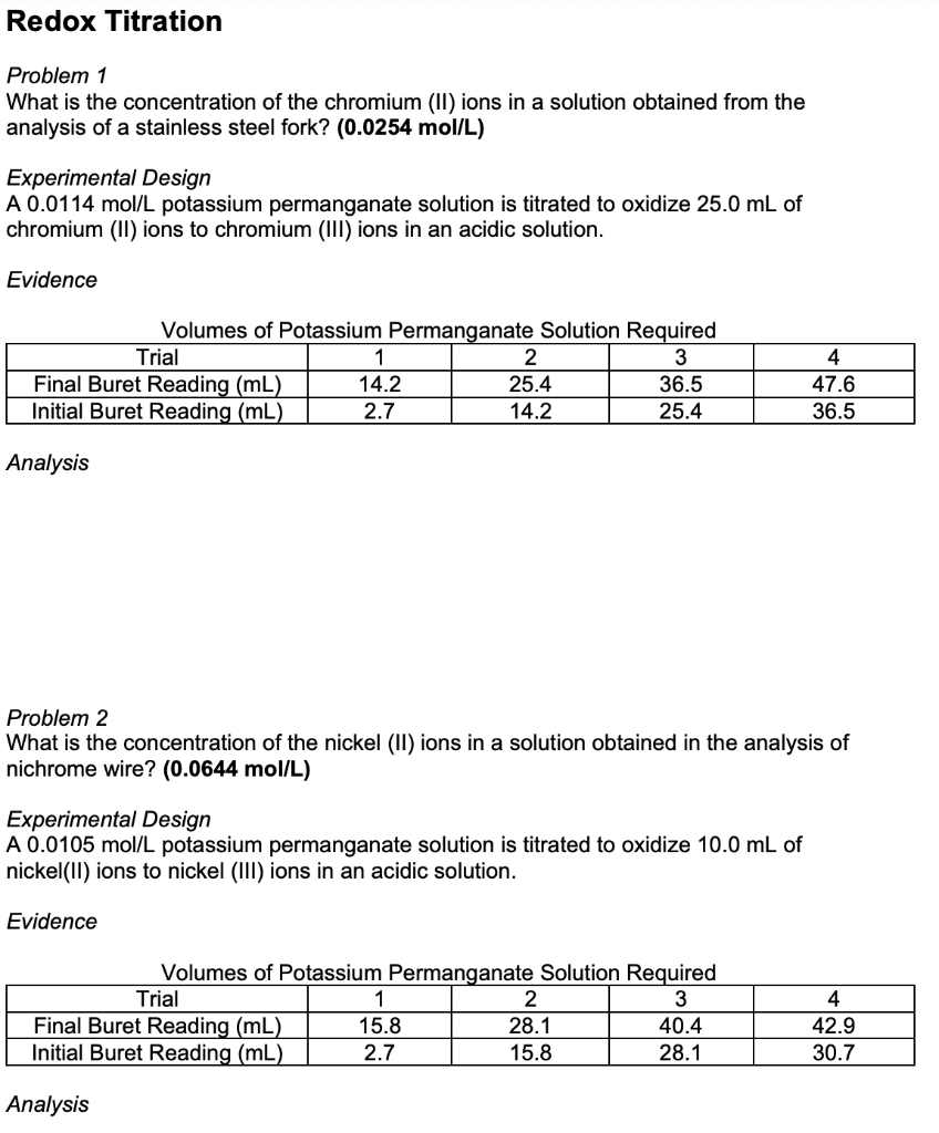 Redox Titration Problem 1 What Is The Concentration Of The Chromium 1 Ions In A Solution Obtained From The Analysis Of 1