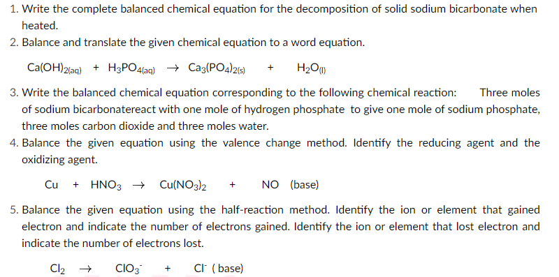 Ca Oh 2 Aq H3po4 Aq Ca3 Po4 2 S H2o L Cu Hno3 Cu No3 2 1