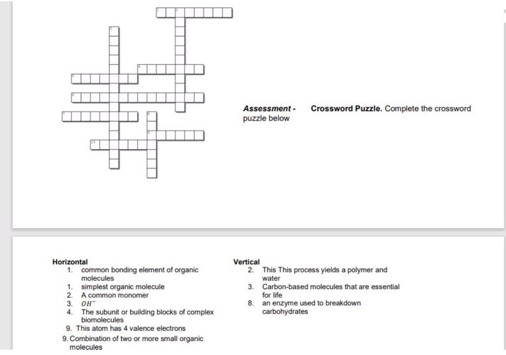It Crossword Puzzle Complete The Crossword Assessment Puzzle Below Horizontal 1 Common Bonding Element Of Organic Mo 1