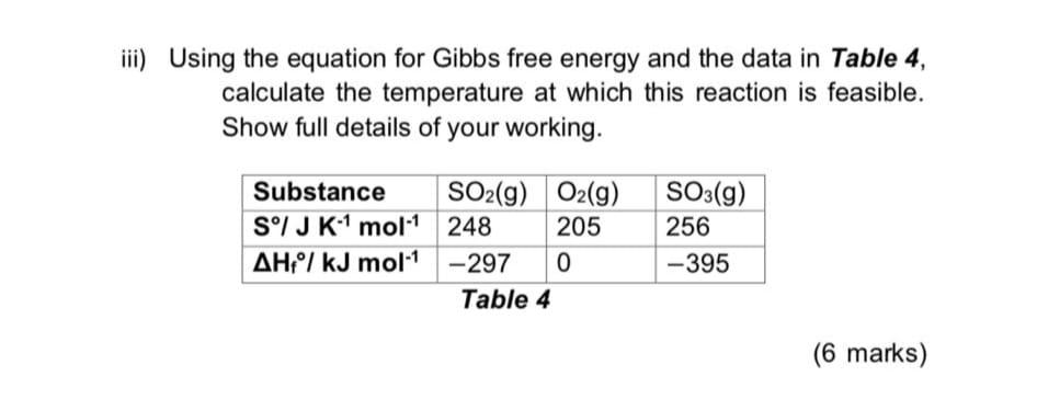 Iii Using The Equation For Gibbs Free Energy And The Data In Table 4 Calculate The Temperature At Which This Reaction 1