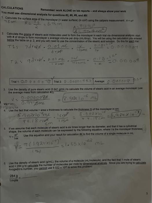 Calculations Remember Work Alone On Lab Reports And Always Show Your Work You Must Use Dimensional Analysis For Quest 1