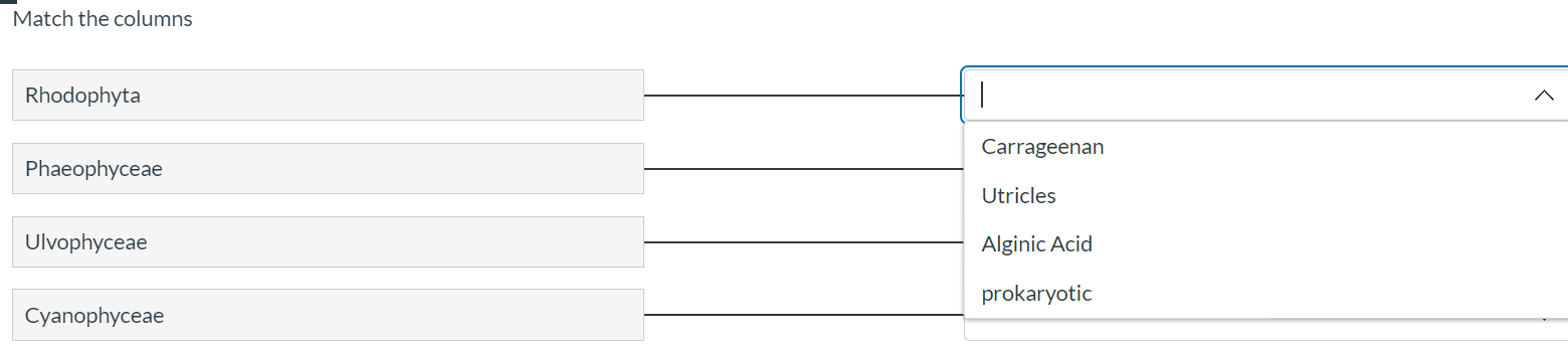 Match The Columns Rhodophyta Carrageenan Phaeophyceae Utricles Ulvophyceae Alginic Acid Prokaryotic Cyanophyceae 1