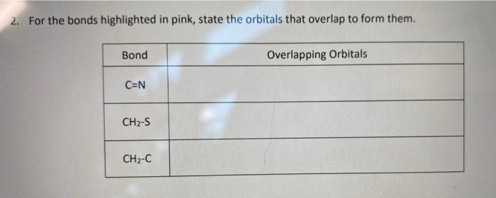 2 For The Bonds Highlighted In Pink State The Orbitals That Overlap To Form Them Bond Overlapping Orbitals C N Ch2 S 1