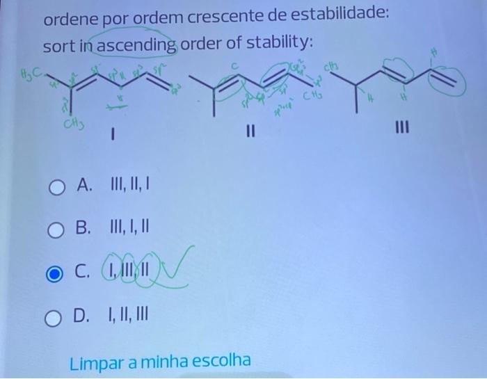 Ordene Por Ordem Crescente De Estabilidade Sort In Ascending Order Of Stability Cts Hc Ch Splety Ch3 1 Ii O A Iii Ii 1