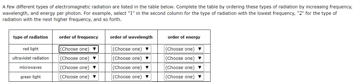 A Few Different Types Of Electromagnetic Radiation Are Listed In The Table Below Complete The Table By Ordering These T 1